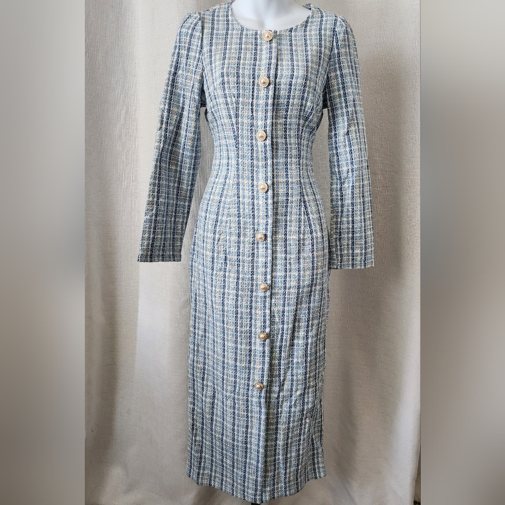 Elegant Blue Plaid Long Sleeve Dress